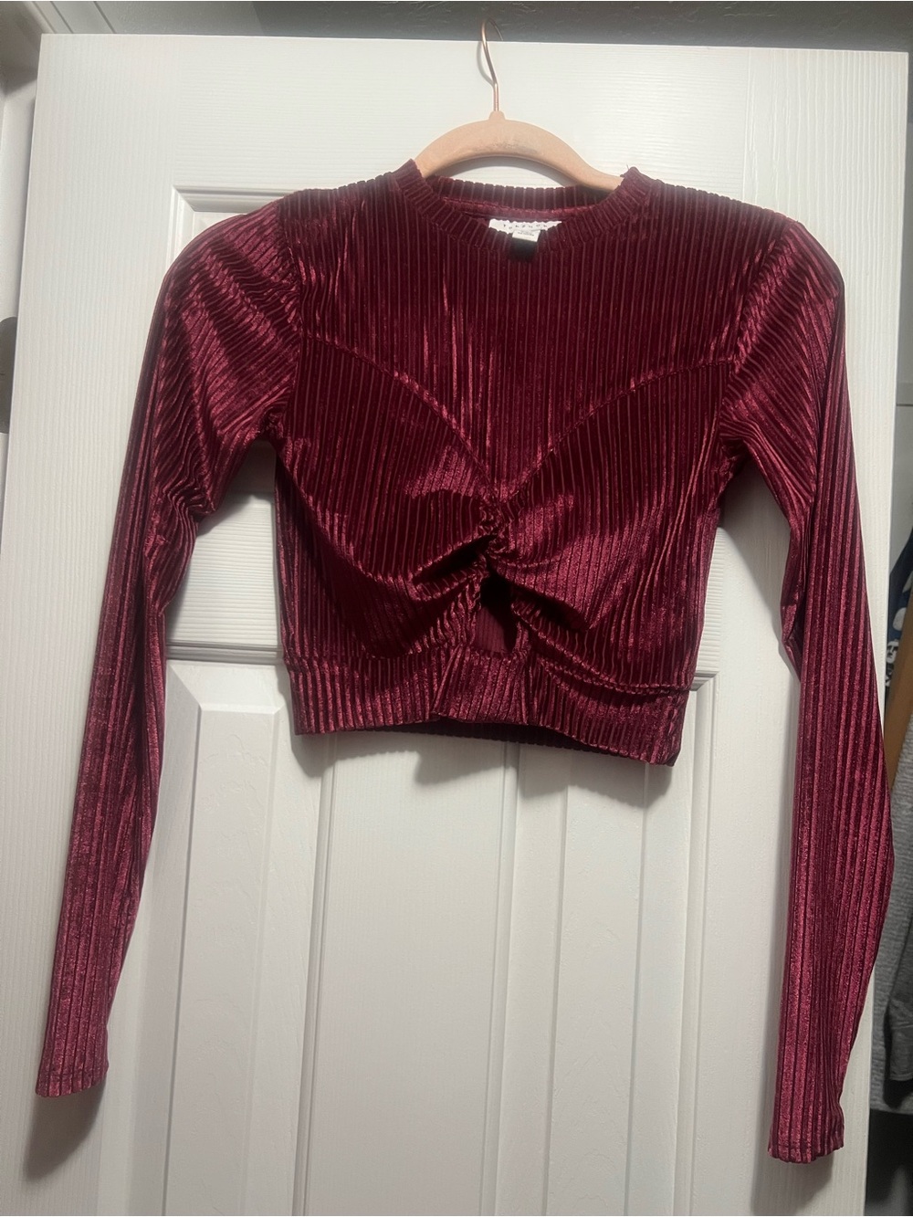 Topshop Burgundy Ribbed Velvet Twist-Front Long Sleeve Crop Top
